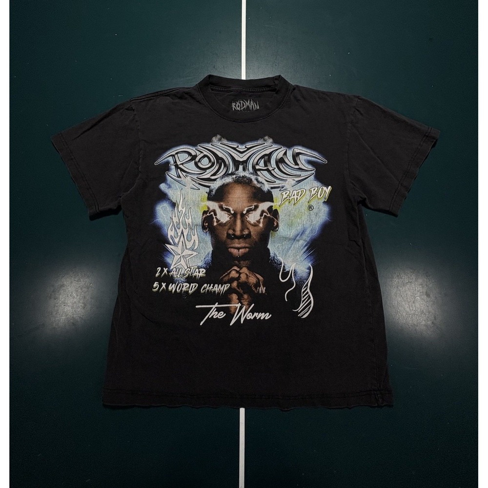 Dennis Rodman Graphic T‎ shirt Mens Medium Chicago Bulls "The Worm" Black Flames